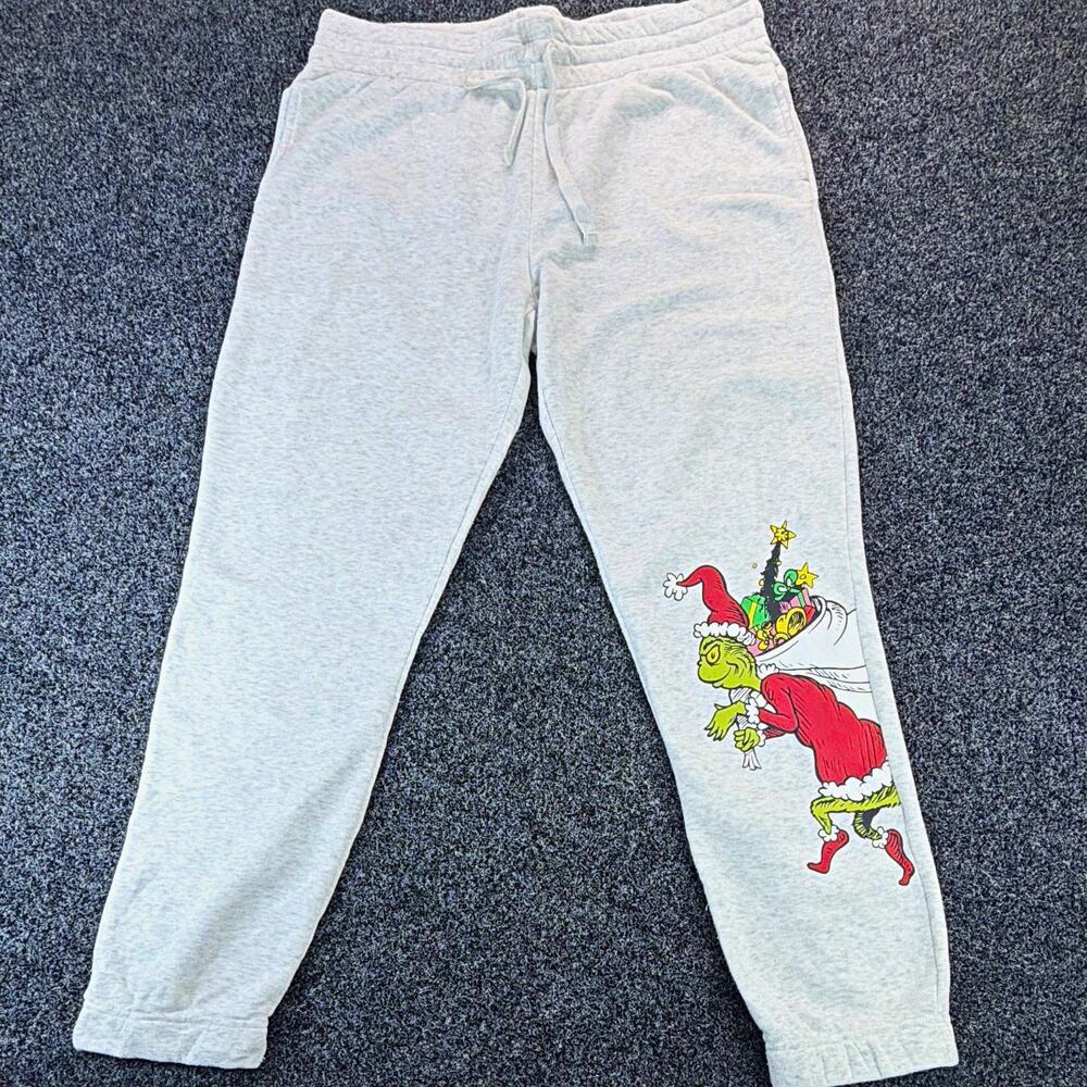 The Grinch Women's Gray Fleece Jogger Pants Christmas Graphic Drawstring L